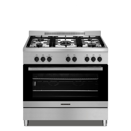 Aragaz semi-profesional Heinner HFSC-S90LITGR-IX, Gaz, 5 arzatoare (1 Wok), Aprindere electrica, Grill, Rotisor, 90x63 cm, Inox